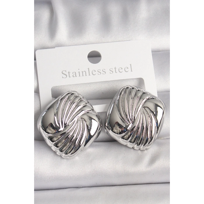 Pirinç Gümüş Renk İşlemeli Kare Model Kadın Küpe - Lisinya