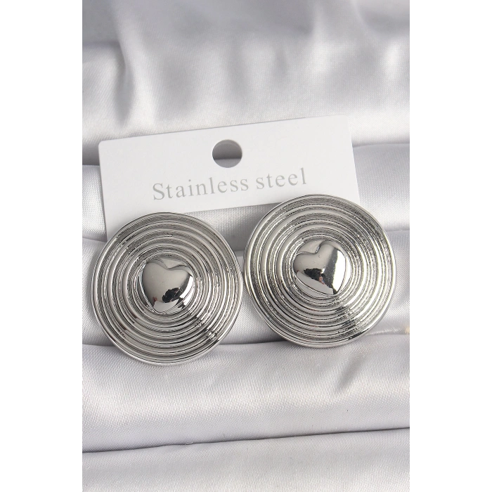 Pirinç Gümüş Renk Kalp İşlemeli Daire Plaka Model Kadın Küpe - Lisinya