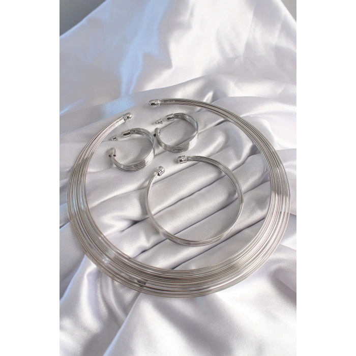 Pirinç Gümüş Renk Kolye Küpe Bileklik Seti