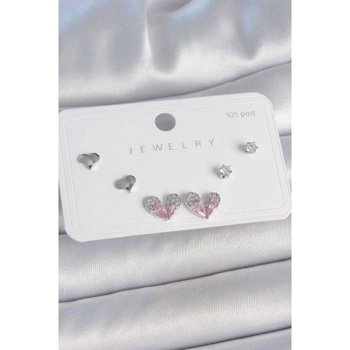 Pirinç Gümüş Renk Pembe Zirkon Taşlı Kalp Model 925 Ayar Gümüş Çivi Kadın Küpe Seti