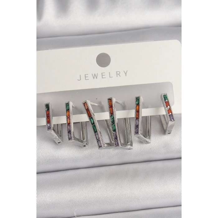 Pirinç Gümüş Renk Renkli Zirkon Taşlı Kare Model Kadın Küpe Seti - Lisinya