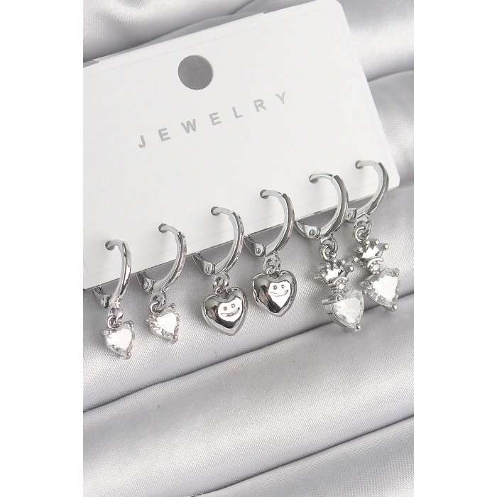 Pirinç Gümüş Renk Sallantı Zirkon Taşlı Kalp Model Taç Detay Kadın Küpe Seti