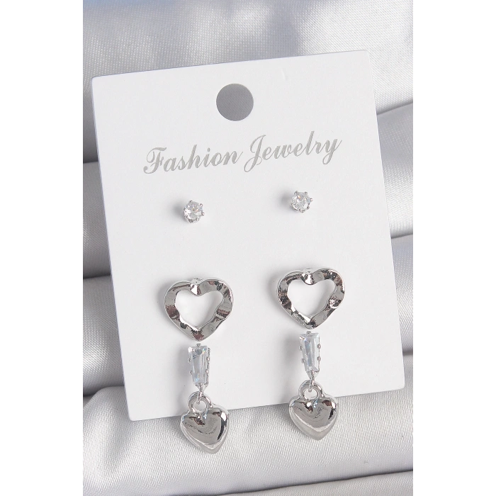 Pirinç Gümüş Renk Zirkon Taş Detaylı Sallantı Model 2 Çift Kadın Küpe Seti