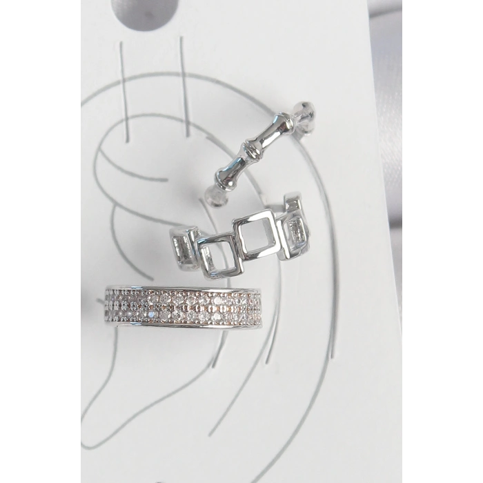 Pirinç Gümüş Renk Zirkon Taşlı 3Lü Model Kare Bambu Model Kadın Kıkırdak Küpe