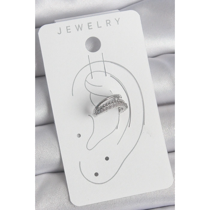 Pirinç Gümüş Renk Zirkon Taşlı 3Lü Sıralı Kadın Kıkırdak Küpe