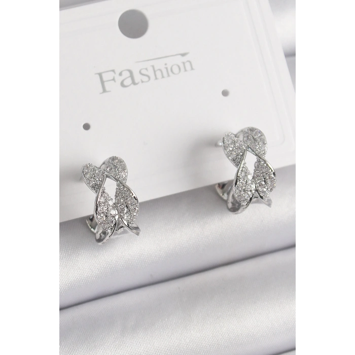 Pirinç Gümüş Renk Zirkon Taşlı Burgu Model Kadın Küpe