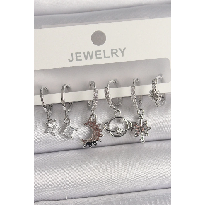 Pirinç Gümüş Renk Zirkon Taşlı Gezgen Model Kadın Küpe Seti