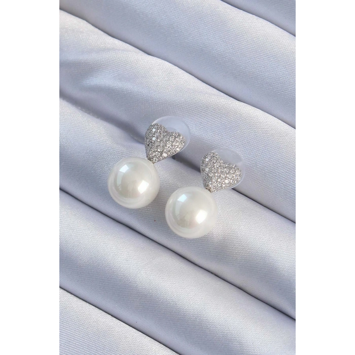 Pirinç Gümüş Renk Zirkon Taşlı Kalp Model İnci Tasarım Kadın Küpe