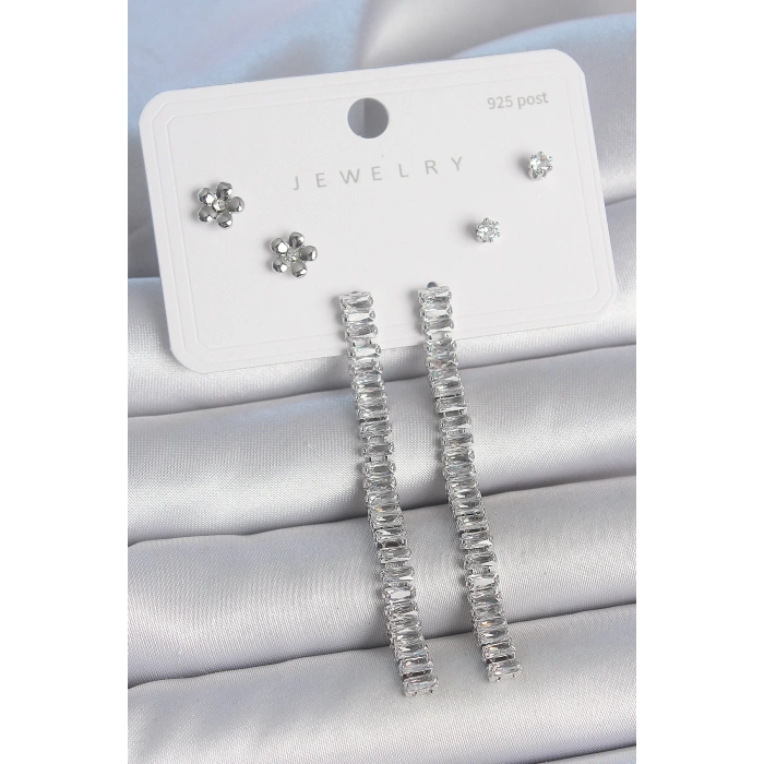 Pirinç Gümüş Renk Zirkon Taşlı Su Yolu Model Çiçek Detay 925 Ayar Gümüş Çivi Kadın Küpe Seti