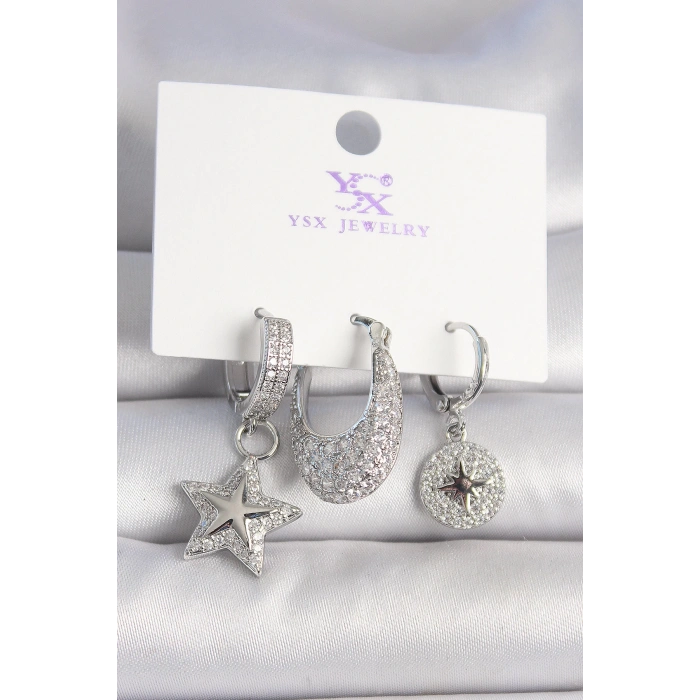 Pirinç Gümüş Renk Zirkon Taşlı Yıldız Model Kutup Yıldız İşleme Detay 3Lü Kadın Kombin Küpe