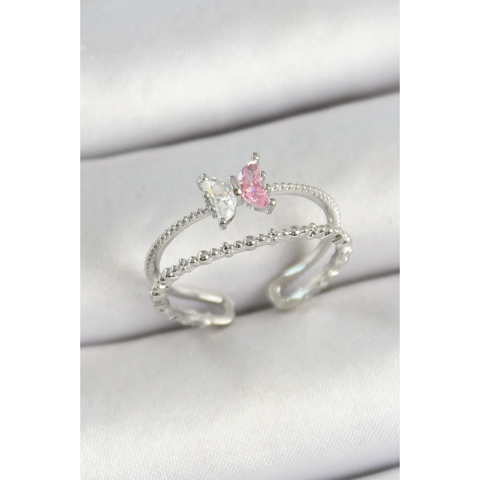 Pirinç Kelebek Figürlü Zirkon Taşlı Gümüş Renk Ayarlanabilir Kadın Yüzük