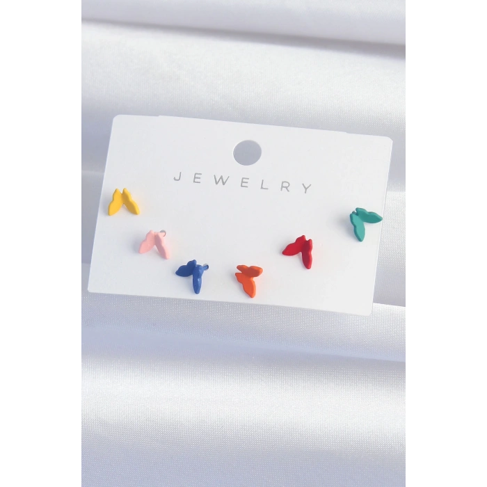 Pirinç Rengarenk Mineli Minimal Kelebek Küpe Seti - Lisinya