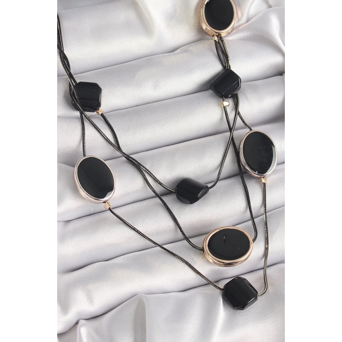 Pirinç Siyah Renk Zincir Kristal Taşlı Kadın Kolye