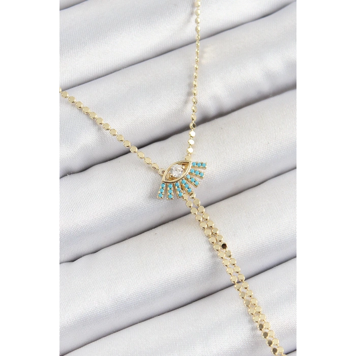 Pirinç Zirkon Taşlı Göz Figürlü Y Model Ezme Zincir Gold Renk Kadın Kolye