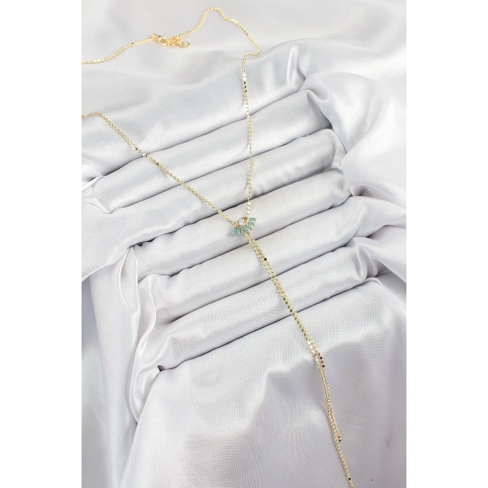 Pirinç Zirkon Taşlı Göz Figürlü Y Model Ezme Zincir Gold Renk Kadın Kolye