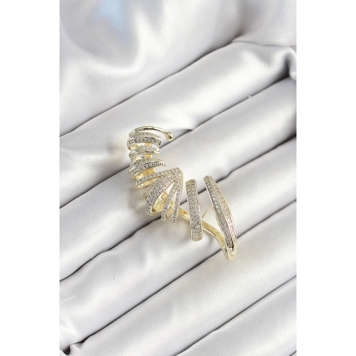 Pirinç Zirkon Taş Kaplamalı Sarmal Figürlü Gold Renk Kadın Sağ Kıkırdak Küpe