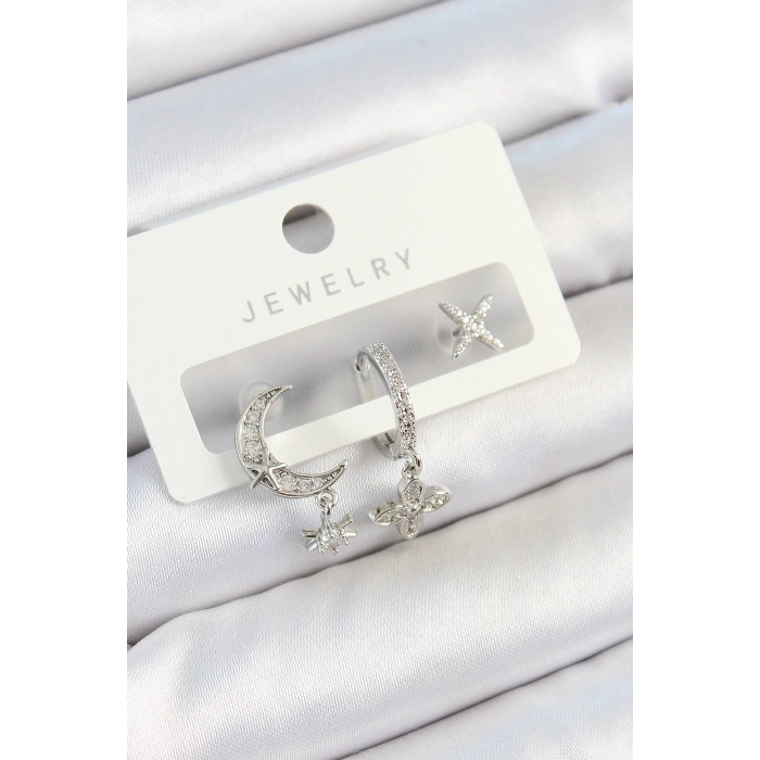 Pirinç Zirkon Taşlı Çiçek Ve Ay Model Gümüş Renk 3lü Çift Kadın Küpe Set