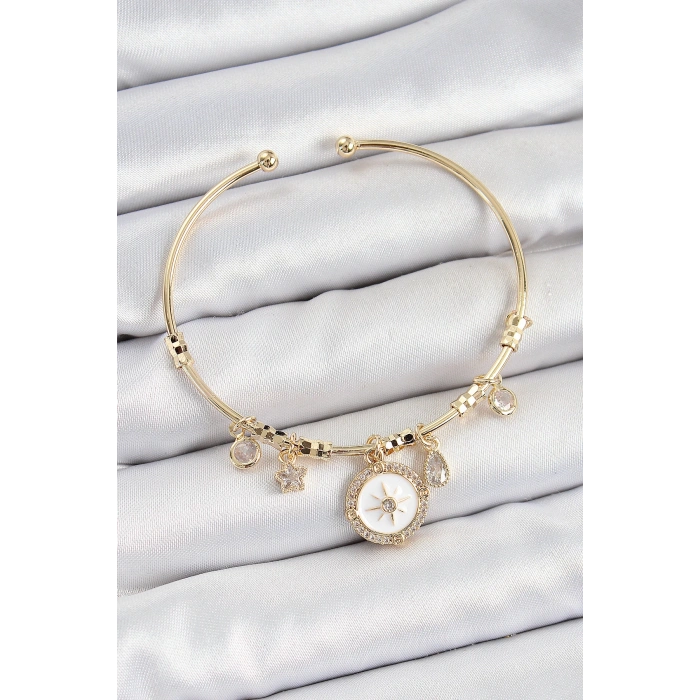 Pirinç Zirkon Taşlı Pusula Model Gold Renk Charm Bileklik
