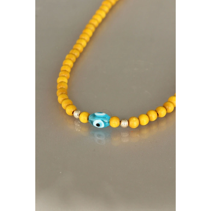 Sarı Renk Tahta Boncuklu Kadın Kolye