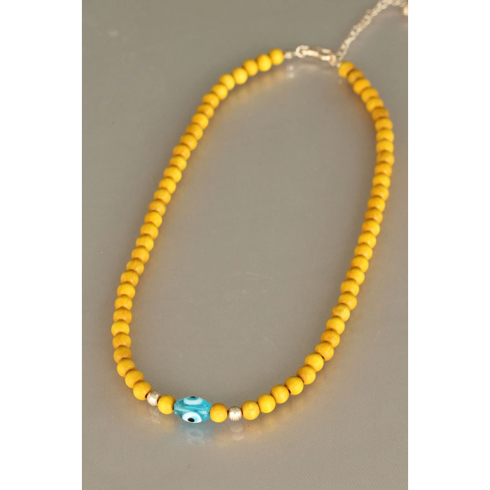 Sarı Renk Tahta Boncuklu Kadın Kolye