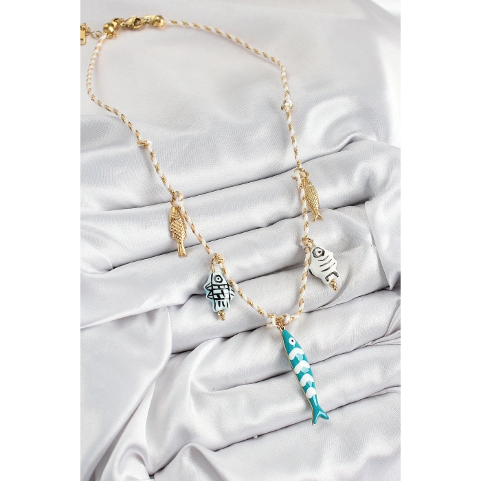Seramik Motifli Balık Figürlü Model Krem İp Kadın Kolye