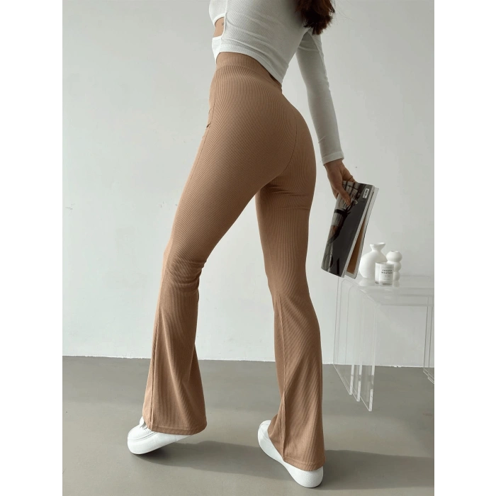 Şık Ve Rahat Yüksek Bel İspanyol Paça Fitilli Toparlayıcı Bej Tayt ( Lisinya )