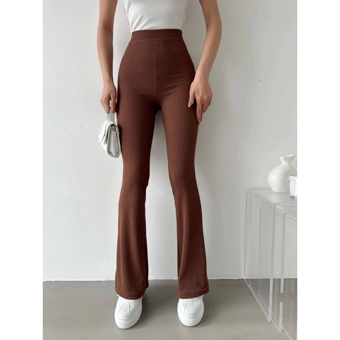Şık Ve Rahat Yüksek Bel İspanyol Paça Fitilli Toparlayıcı Kahverengi Tayt ( Lisinya )