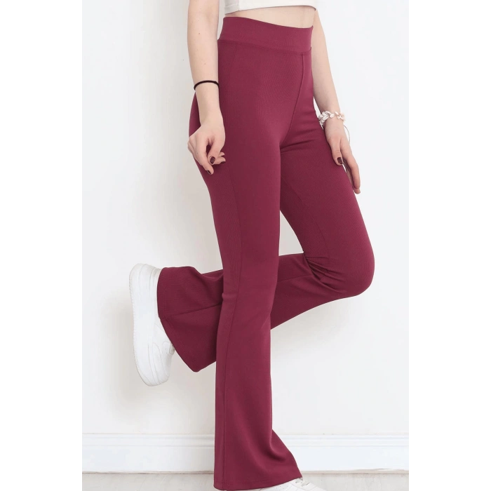 Şık Ve Rahat Yüksek Bel İspanyol Paça Fitilli Toparlayıcı Mürdüm Tayt ( Lisinya )