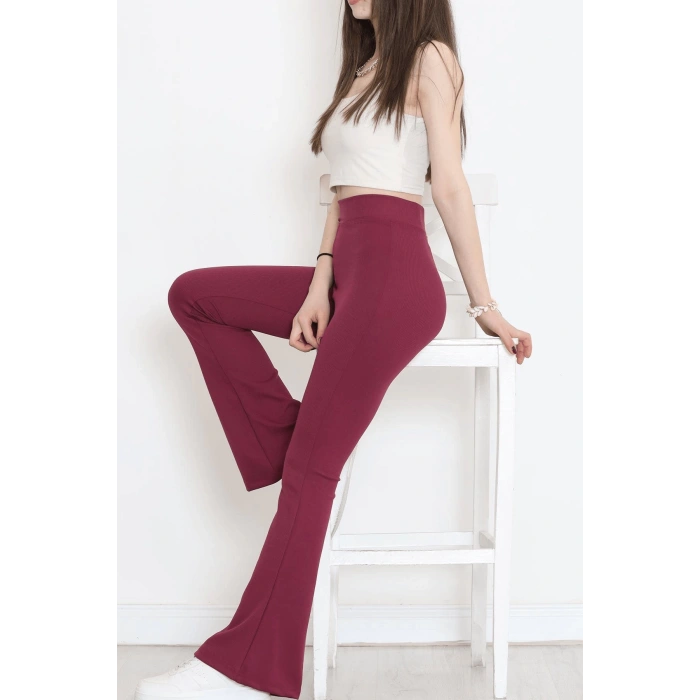 Şık Ve Rahat Yüksek Bel İspanyol Paça Fitilli Toparlayıcı Mürdüm Tayt ( Lisinya )