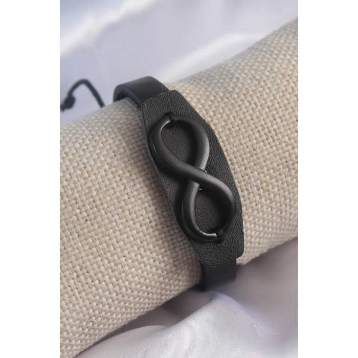 Siyah Deri Siyah Sonsuzluk İşareti İpli Erkek Bileklik