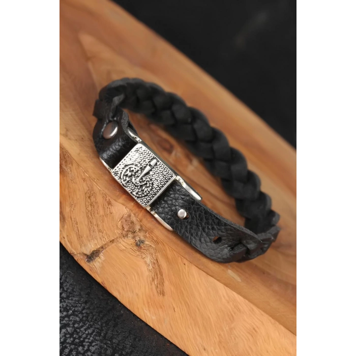 Siyah Örgü Model Deri Erkek Bileklik