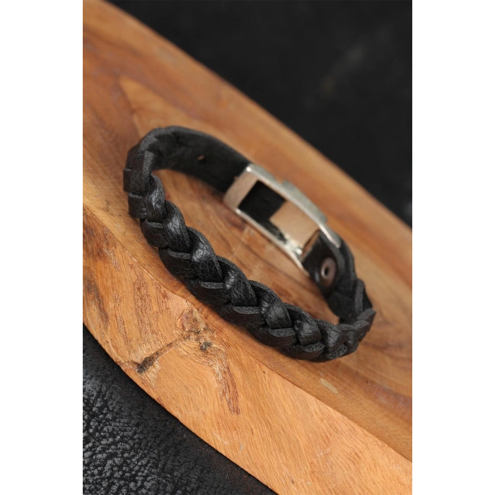 Siyah Örgü Model Deri Erkek Bileklik