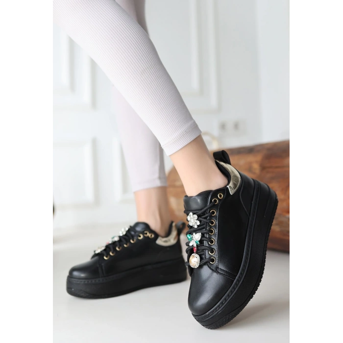 Tenya Siyah Cilt Taşlı Bağcıklı Spor Ayakkabı - Lisinya