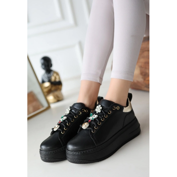 Tenya Siyah Cilt Taşlı Bağcıklı Spor Ayakkabı - Lisinya