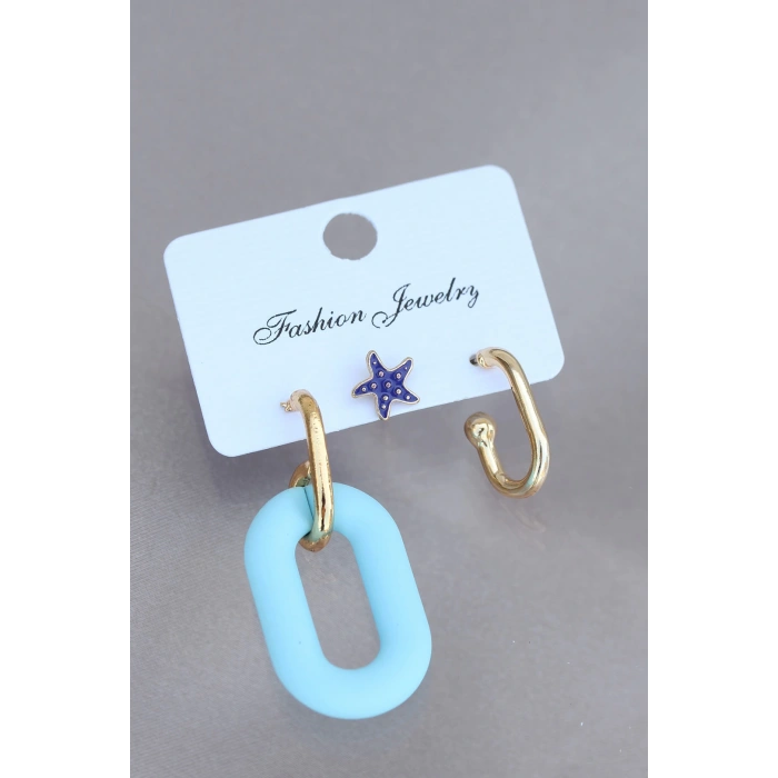 Trend Mavi Deniz Yıldızı Figürlü Küpe Seti