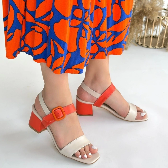 Year Bej Cilt Turuncu Detaylı Turuncu Topuklu Topuklu Ayakkabı - Lisinya