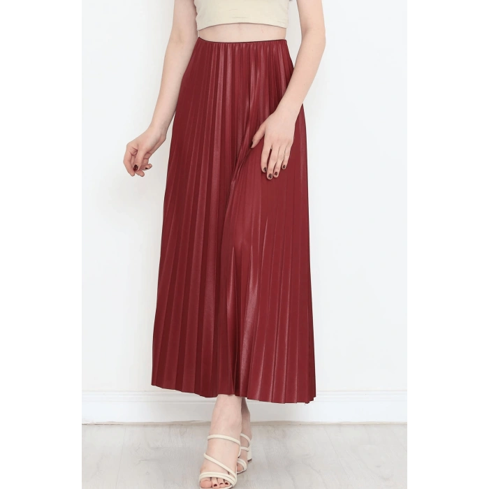 Zarif Ve Modern Pileli Parlak Krep Gizli Lastikli Bordo Etek ( Lisinya )