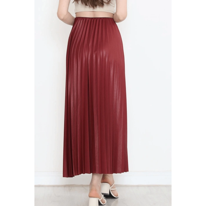 Zarif Ve Modern Pileli Parlak Krep Gizli Lastikli Bordo Etek ( Lisinya )