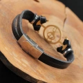 Gold Renk Metal Sol Anahtarlı Tasarım Siyah Renk Deri Erkek Bileklik - Lisinya