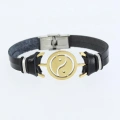 Gold Renk Yin Yang Figürlü Metal Aksesuarlı Siyah Renk Deri Erkek Bileklik - Lisinya