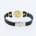 Gold Renk Yin Yang Figürlü Metal Aksesuarlı Siyah Renk Deri Erkek Bileklik - Lisinya
