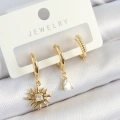 Pirinç Zirkon Taşlı Güneş Model Gold Renk 3lü Çift Kadın Küpe Set - Lisinya
