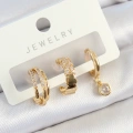 Pirinç Zirkon Taşlı Halka Model Gold Renk 3lü Çift Kadın Küpe Set - Lisinya