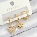Pirinç Zirkon Taşlı Sallantılı Kalp Model Gold Renk 3lü Çift Kadın Küpe Set - Lisinya