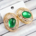 Pirinç Zümrüt Yeşili Zirkon Taşlı Oval Model Gold Renk Kadın Küpe - Lisinya