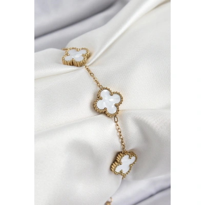 316L Çelik Beyaz Sedef Yonca Model Gold Renk Kadın Bileklik - Lisinya