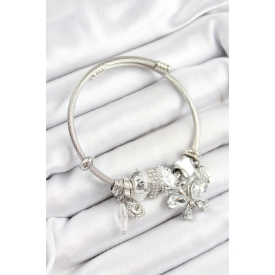 316L Çelik Beyaz Zirkon Taşlı Kelebek Model Gümüş Renk Charm Bileklik - Lisinya