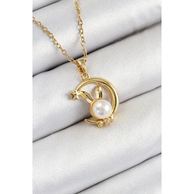 316L Çelik İnci Detaylı Hilal Tavşan Model Gold Renk Kadın Kolye - Lisinya