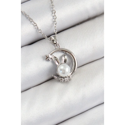 316L Çelik İnci Detaylı Hilal Tavşan Model Gümüş Renk Kadın Kolye - Lisinya