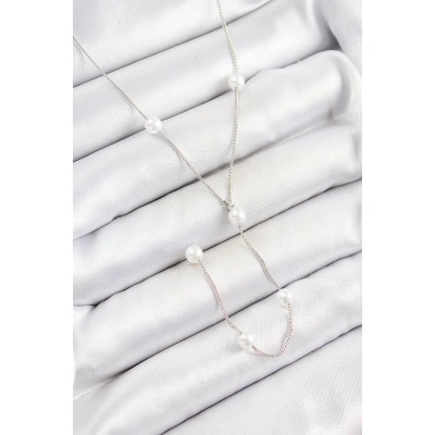 Pirinç İnci Figürlü Y Model Gümüş Renk Kadın Kolye - Lisinya